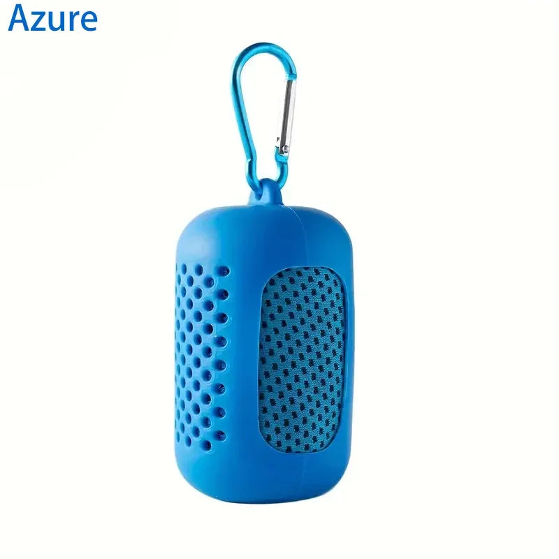 Azure blue microfibre towel in a perforated storage case with a matching carabiner clip.