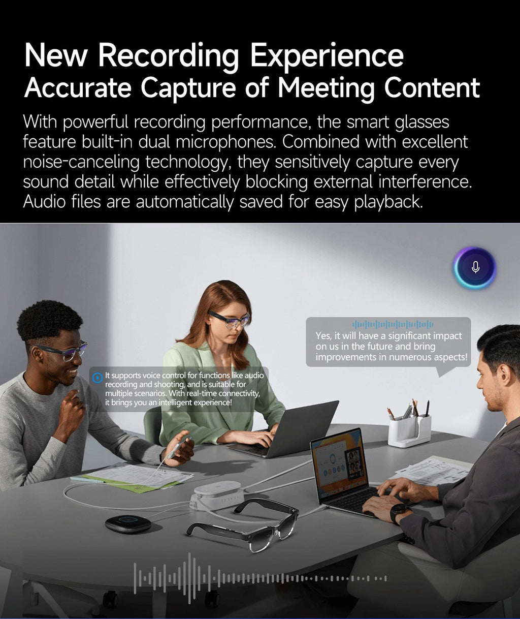 People wearing sleek black smart recording glasses with integrated cameras while working in a modern office meeting.
