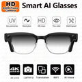 Black smart glasses with integrated HD cameras, featuring UV protection, glare reduction, and built-in AI translation.
