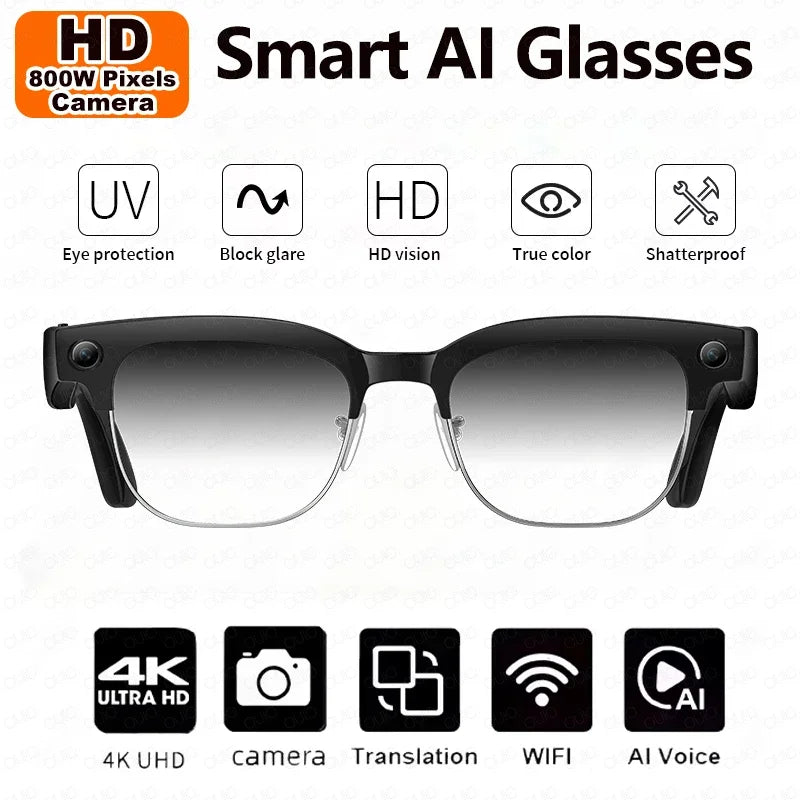Black smart glasses with gradient lenses, featuring HD camera, UV protection, AI translation, and wireless connectivity.