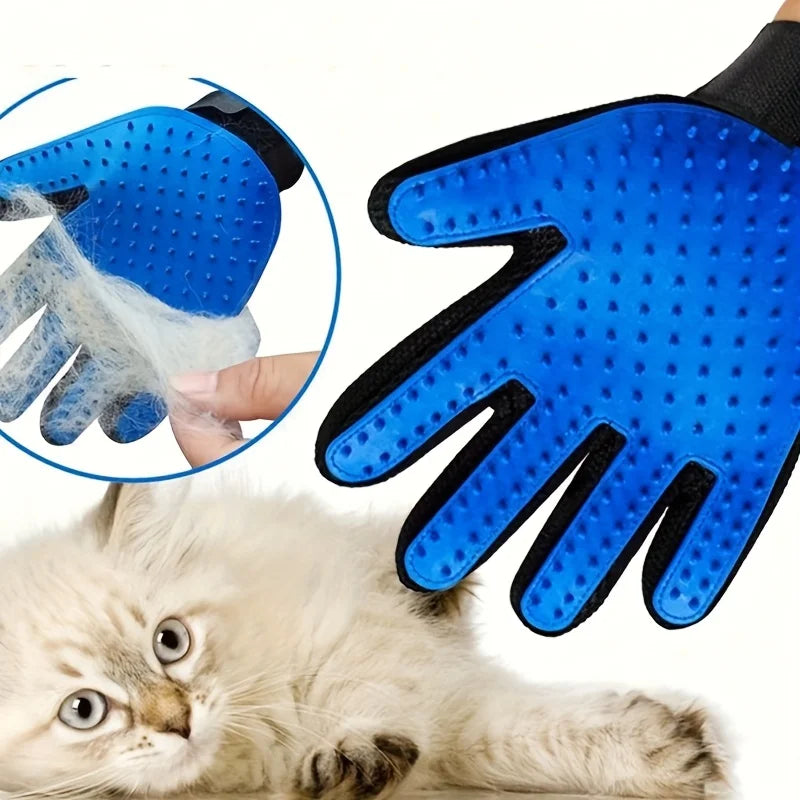Blue pet grooming glove with rubber nodules, shown removing hair from a cat.