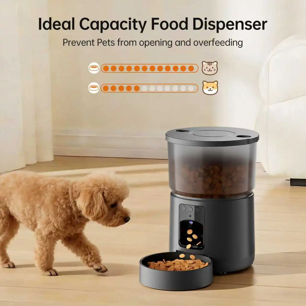 A modern, dark grey automatic pet feeder with an HD camera, dispensing dry food into a bowl for a small poodle.