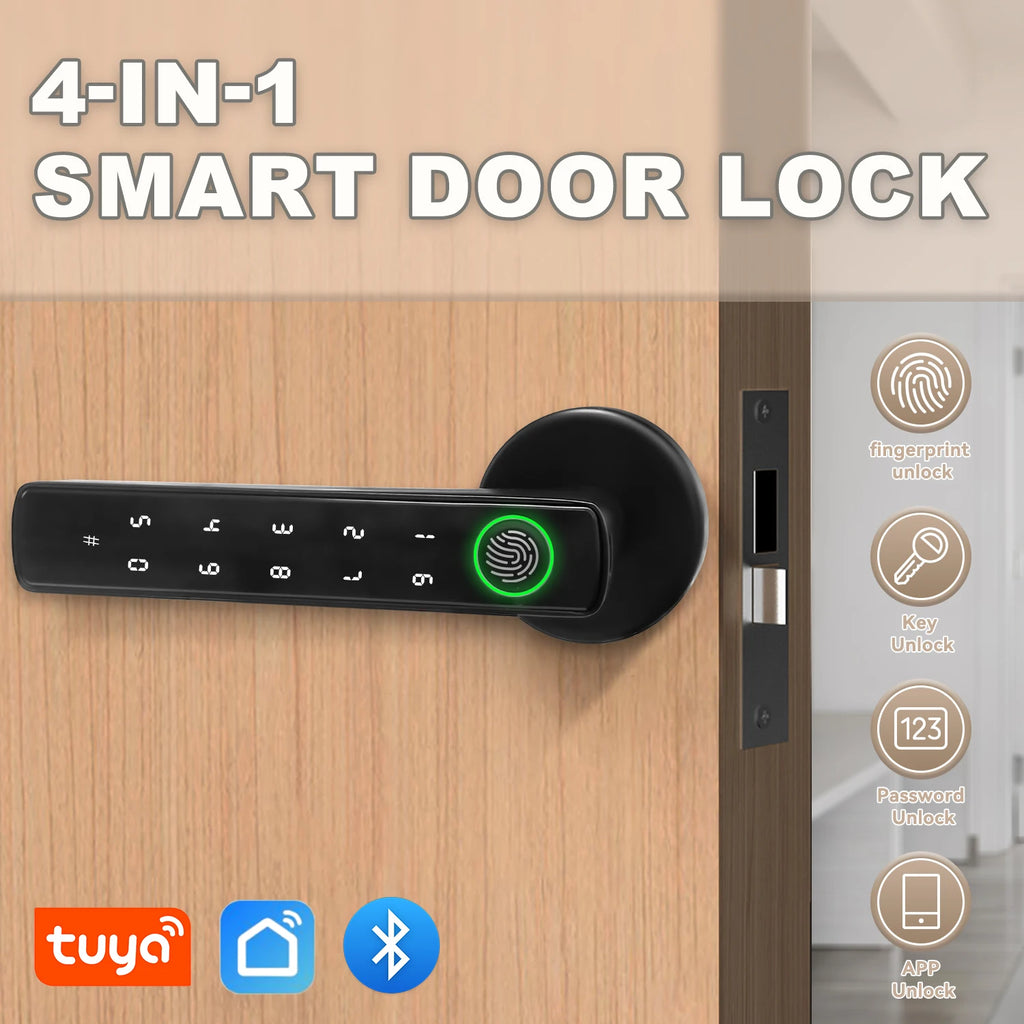 Black matte smart door handle with fingerprint scanner, digital keypad, physical keyhole, and Bluetooth connectivity.