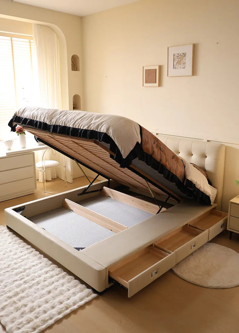 Minimalist cream wooden storage bed frame with an ottoman lift mechanism and integrated side drawers.