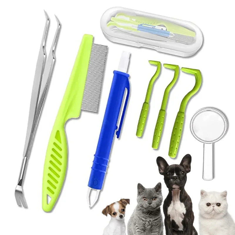 Pet tick and flea removal kit featuring tweezers, a lime green metal comb, blue tool, magnifying glass and case.