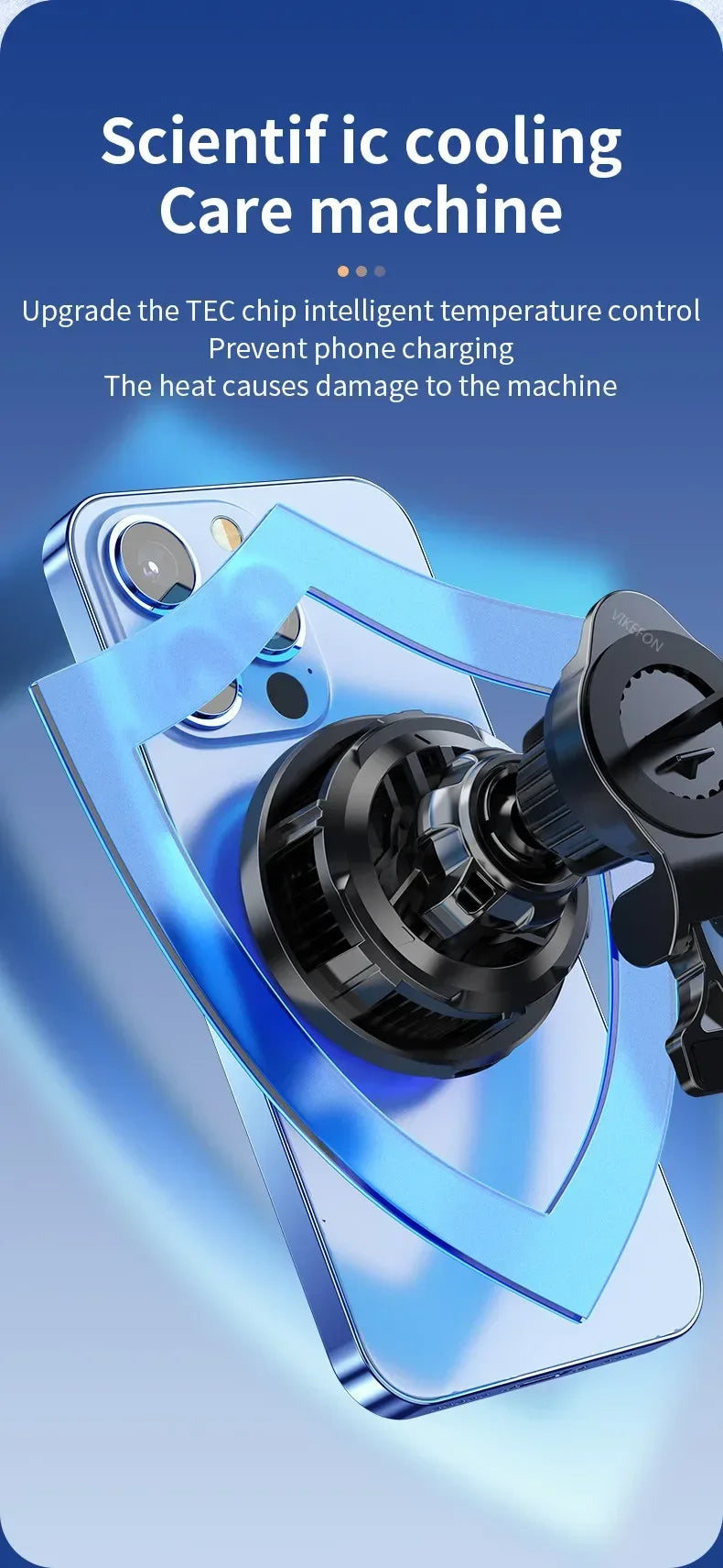 Black smartphone cooling fan attached to the back of a light blue smartphone with a digital shield graphic overlay.