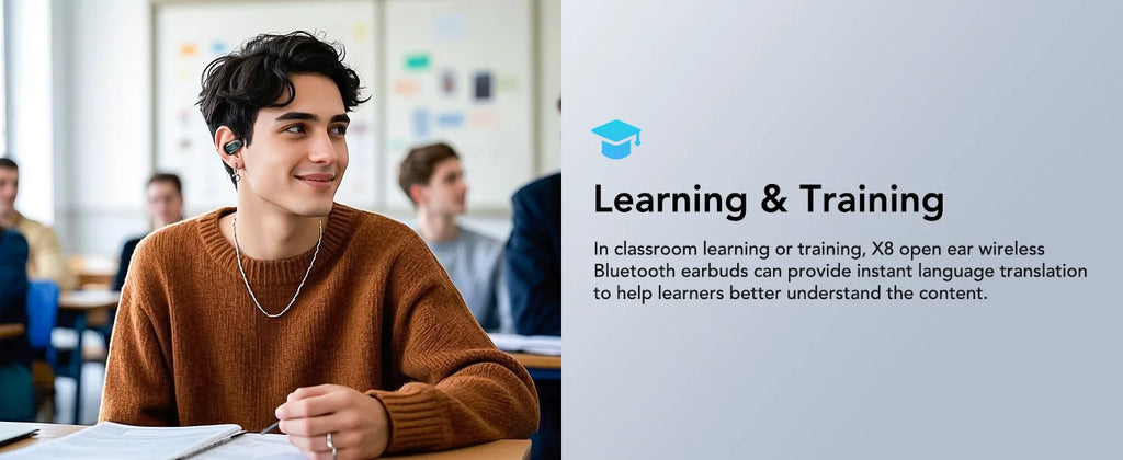 Young man in brown sweater wearing sleek, black open-ear wireless earbuds in a classroom setting.