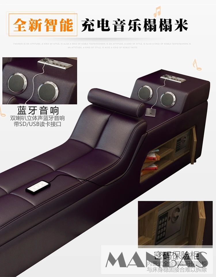 Purple tufted leather platform bed with integrated Bluetooth speakers, side shelving, and a built-in security safe.