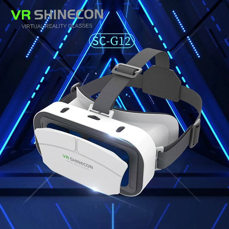 White and grey smartphone VR headset with an adjustable head strap, set against a glowing blue geometric background.
