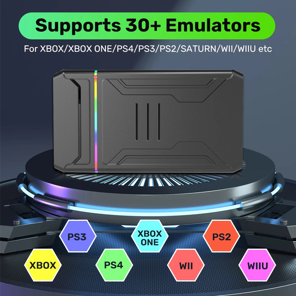 Black 3T gaming HDD console with multi-color LED light strip and textured geometric casing on display stand.