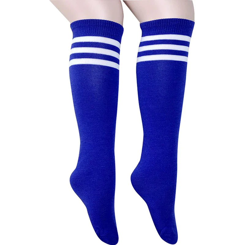 Royal blue knee-high socks featuring two white stripes at the top, presented in a sporty, classic athletic style.