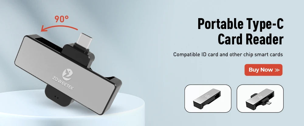 Silver and black Zoweetek portable Type-C card reader for smart cards, featuring a 90-degree rotating connector.