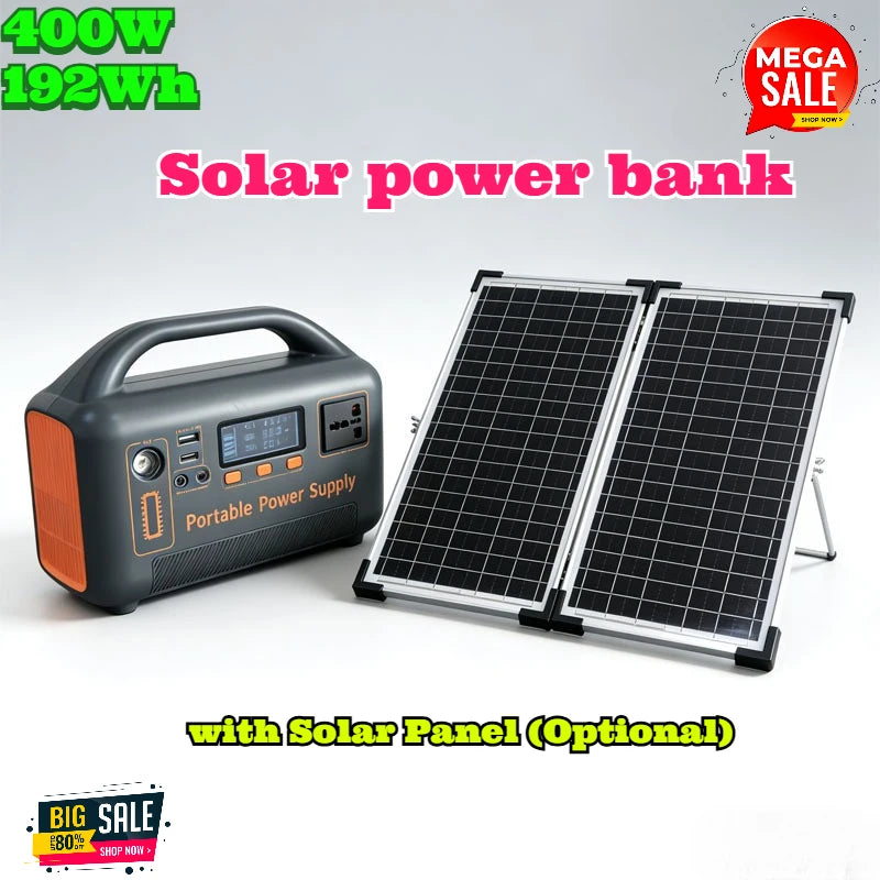 Grey portable power supply and a foldable solar panel set against a white background.