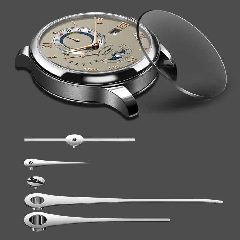 Silver automatic mechanical watch with cream dial, moon phase sub-dial, and detached sapphire glass and watch hands.