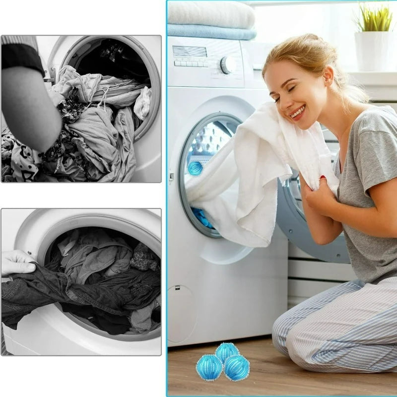A woman removing fresh laundry from a washing machine with blue, textured, spherical laundry balls nearby.