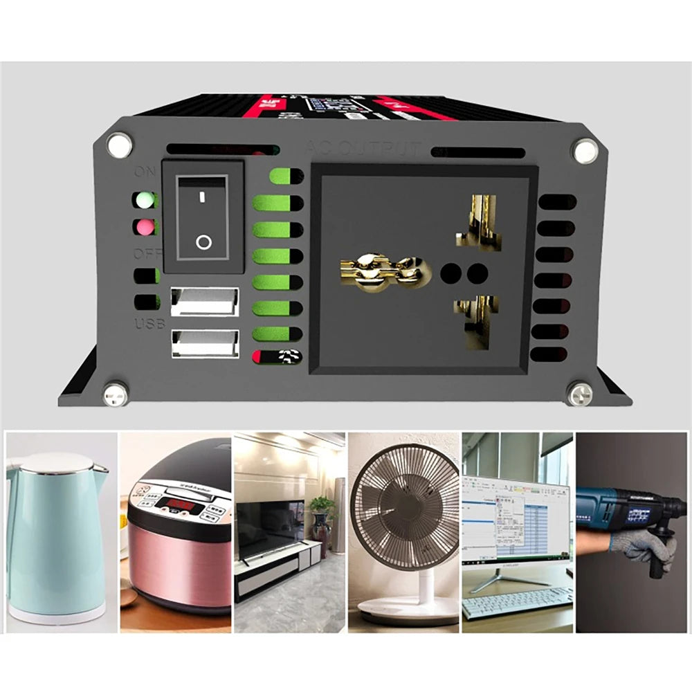 Black 4000W car power inverter with AC output, USB ports, power switch and indicator lights, plus usage examples.