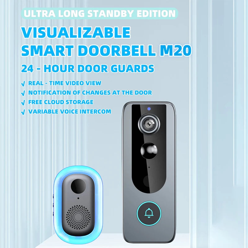 Sleek grey wireless smart doorbell and chime, featuring a camera lens, motion sensor, and illuminated bell button.