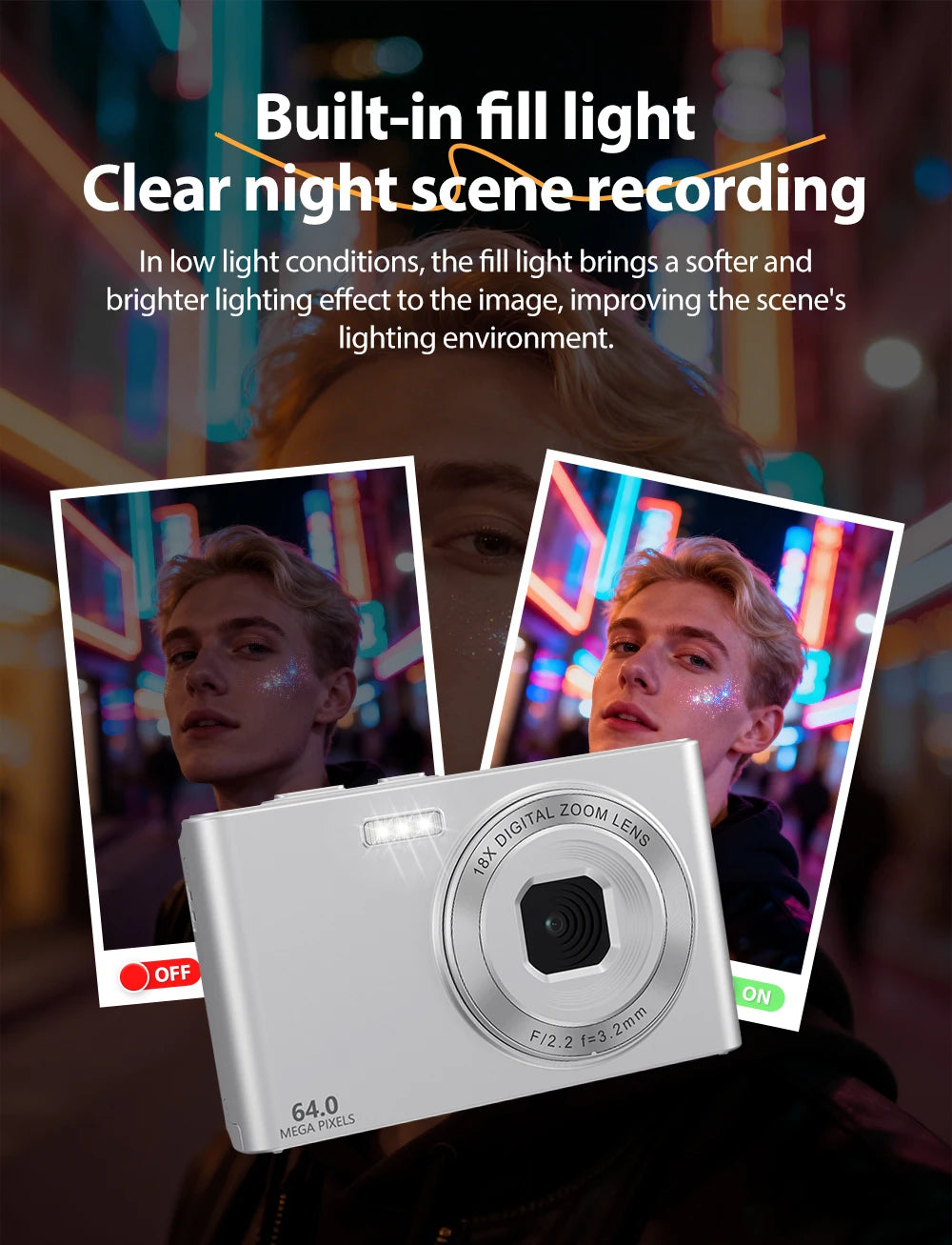 Silver digital camera with built-in LED flash, 18x zoom lens, and 64-megapixel sensor for night photography.