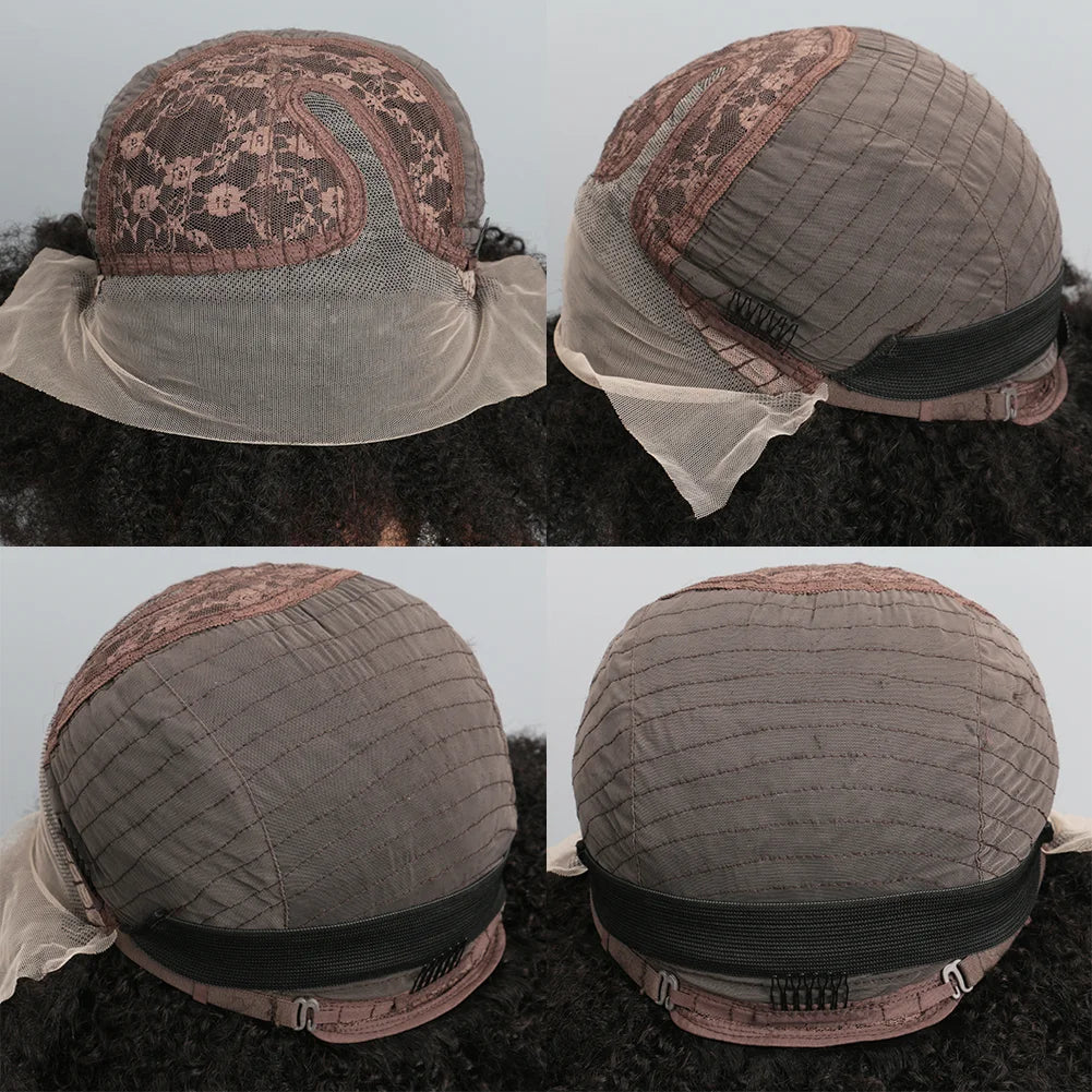 Four views of brown kinky curly lace front wig cap with adjustable straps, combs, and a natural hairline.