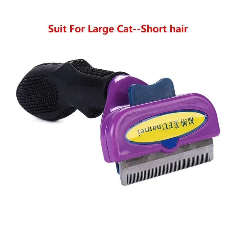 Purple and black pet deshedding tool with a metal comb and ergonomic grip, suitable for short-haired large cats.