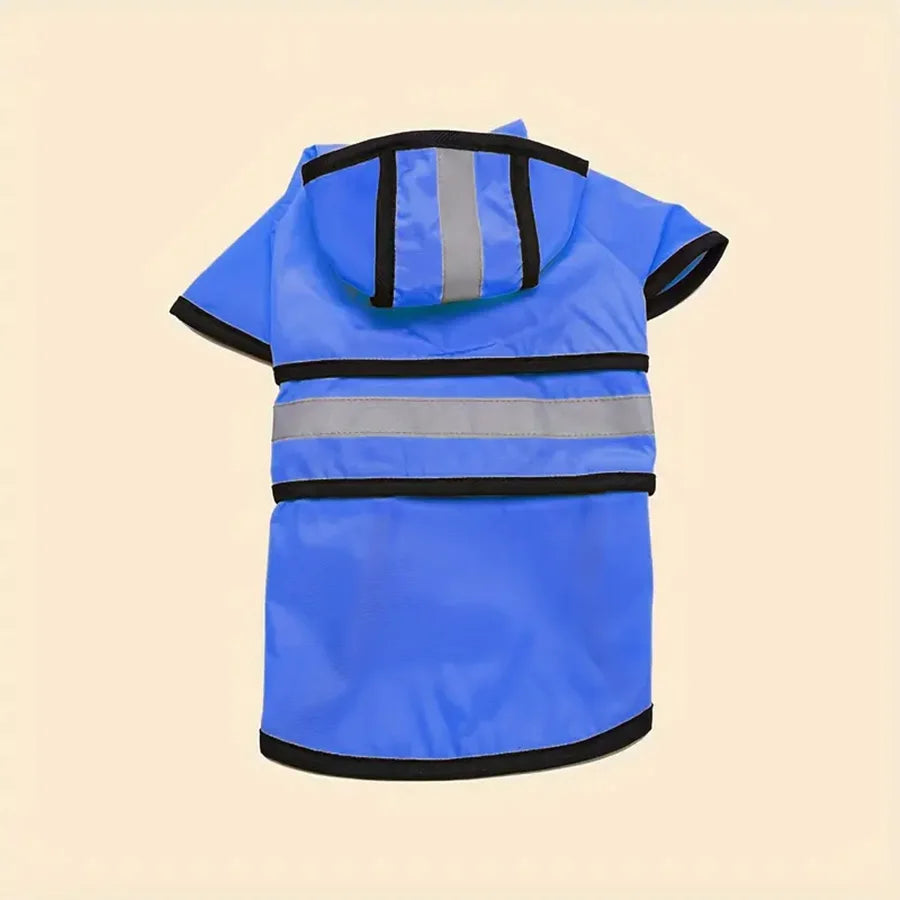 Bright blue dog raincoat with black trim, a hood, and reflective strips for high visibility.