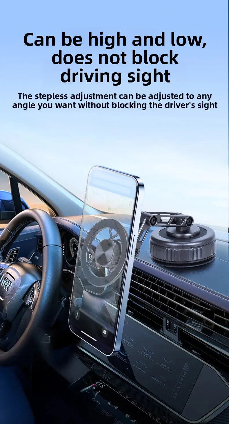 Adjustable black car phone mount attached to a dashboard, featuring a sleek, low-profile design.