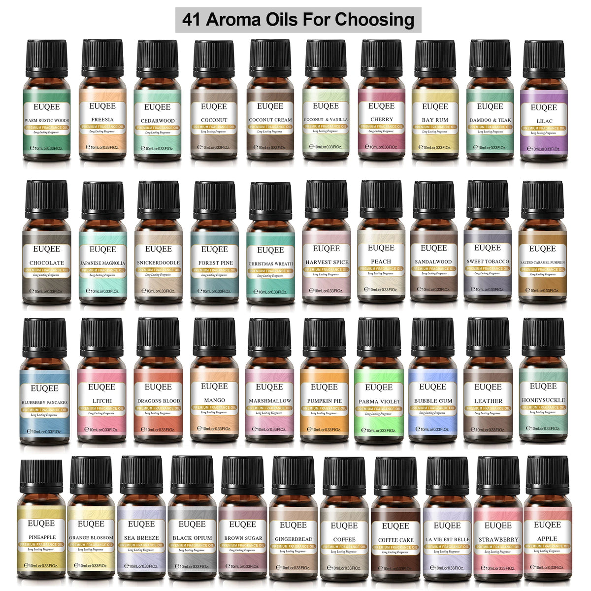 41 amber glass bottles of EUQEE 10ml fragrance oil with black caps and varied colorful scent labels.