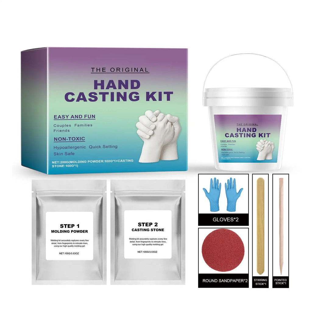 Hand casting kit set including a mixing bucket, molding powder, casting stone, gloves, sandpaper, and stirring sticks.