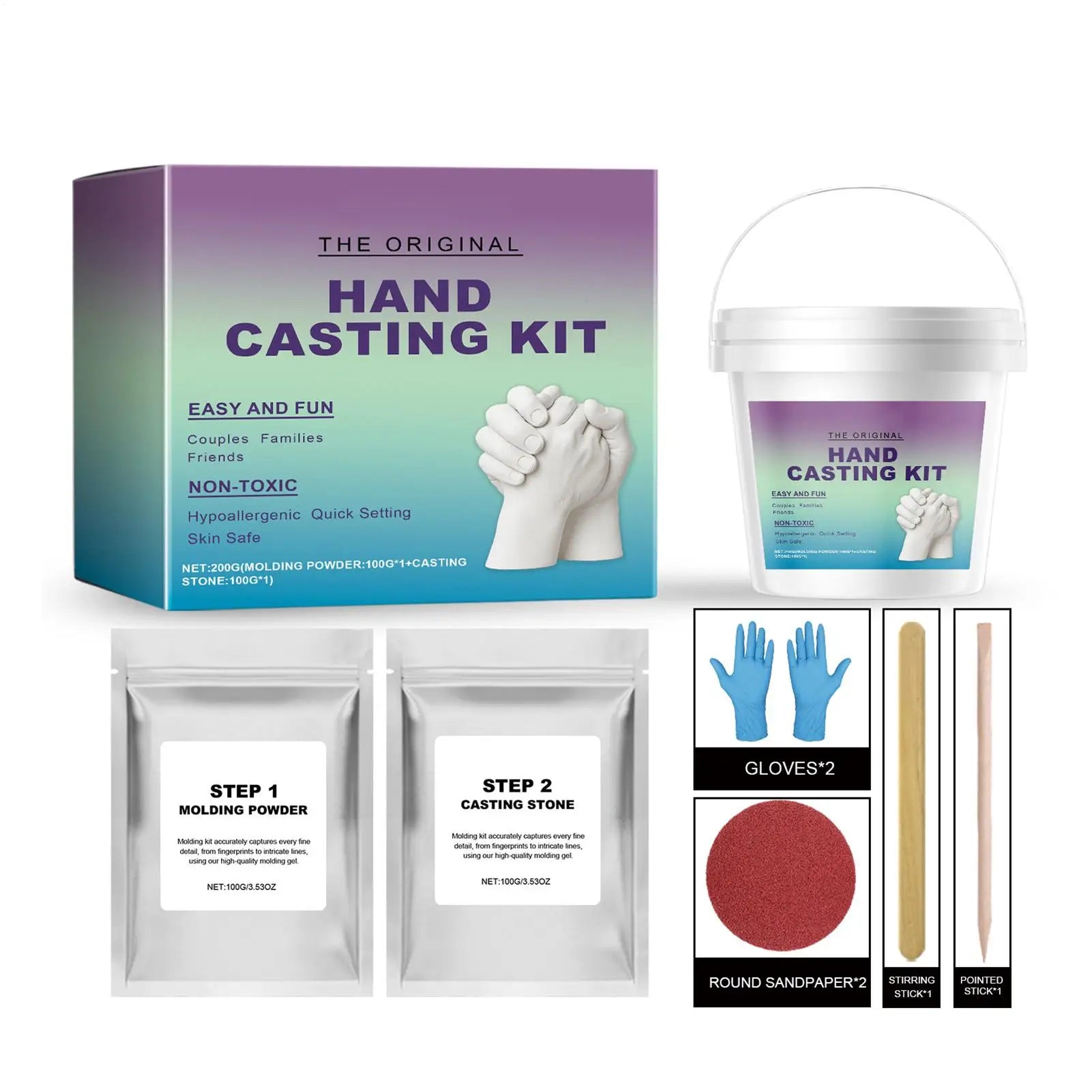 Hand casting kit set including a mixing bucket, molding powder, casting stone, gloves, sandpaper, and stirring sticks.