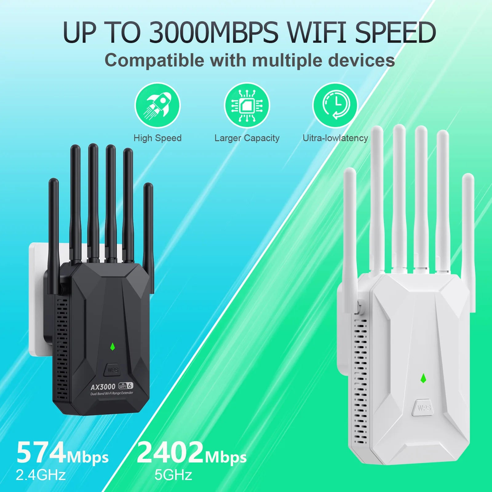 Black and white WiFi 6 dual-band range extenders with five external antennas, featuring a modern, plug-in design.