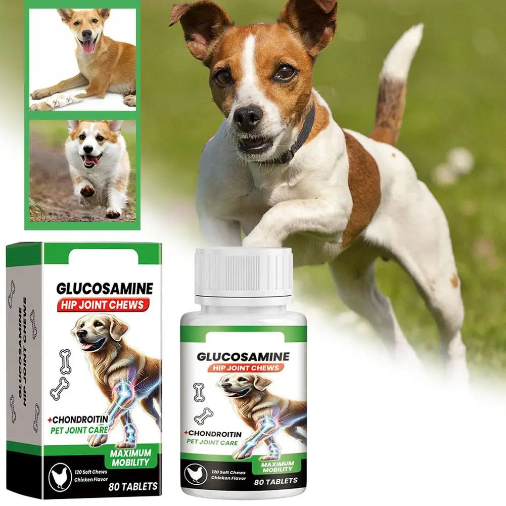 Glucosamine hip and joint chew supplement for dogs, 80 chicken-flavoured tablets in a white bottle and box.