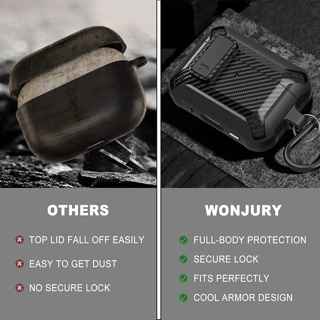 Black carbon fibre-style protective case with secure lock for AirPods, featuring a rugged, durable armor design.