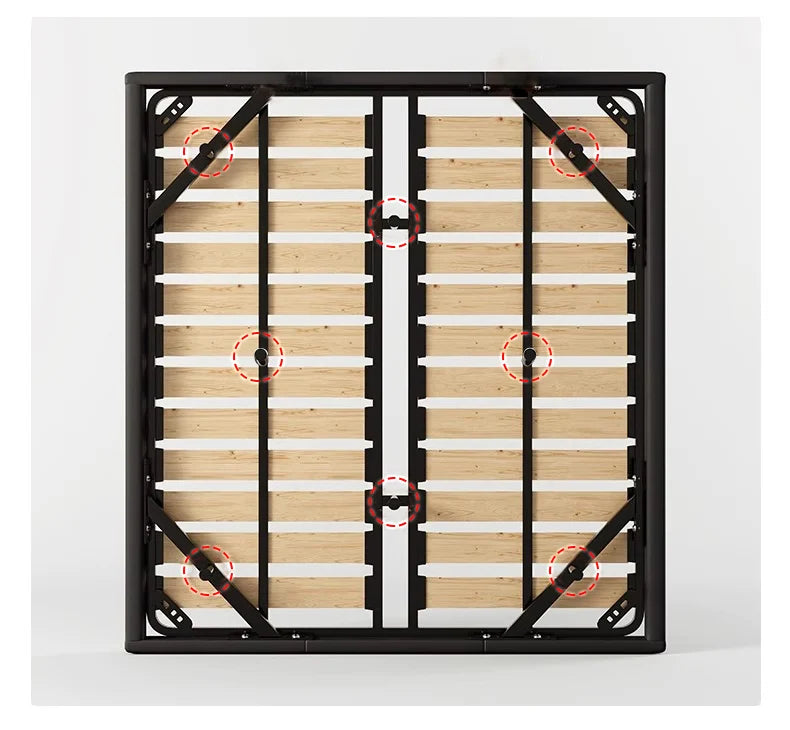 Overhead view of a sturdy black metal bed frame with natural wooden slats and highlighted structural support points.