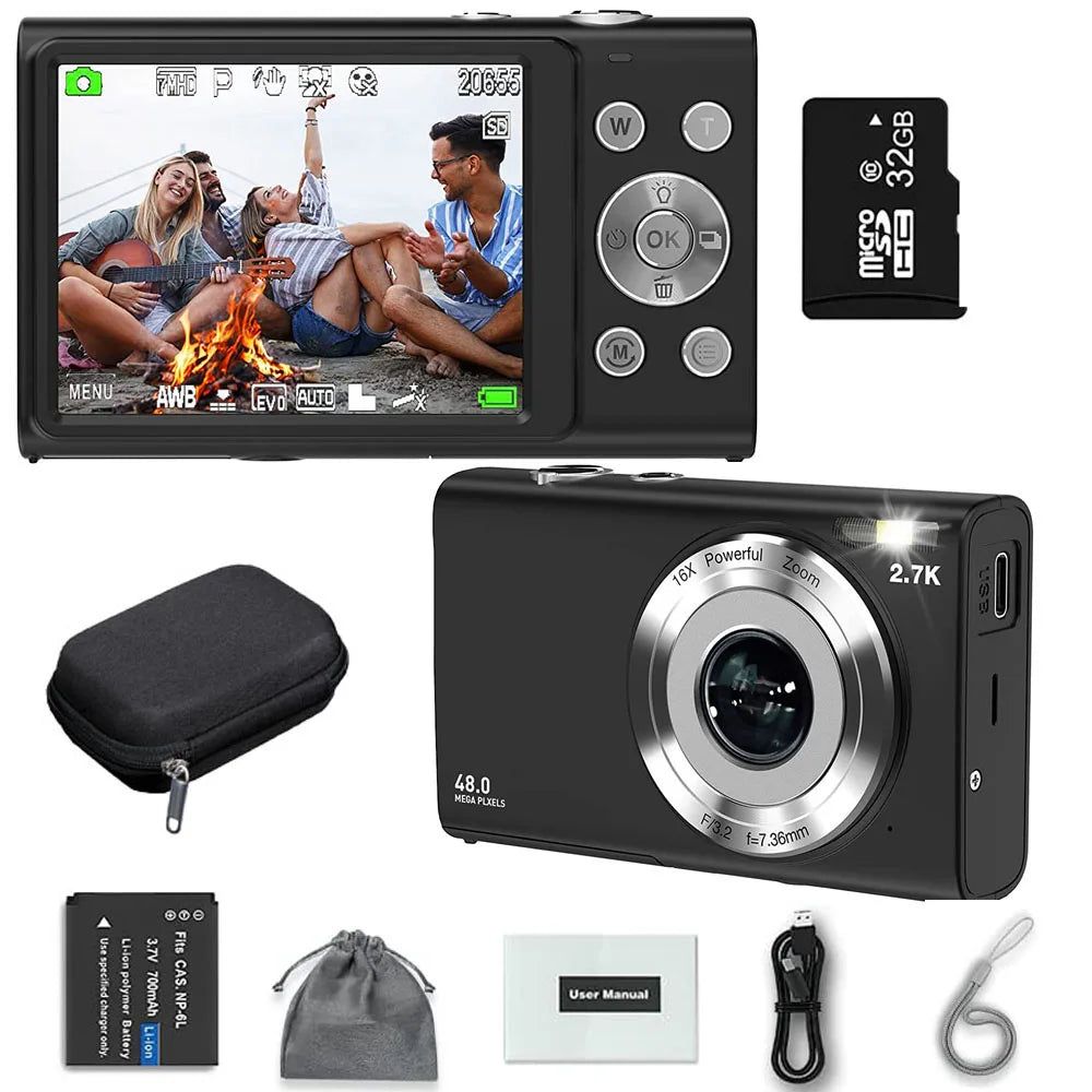 Black 48MP digital camera with 16x zoom, 2.7K video, 32GB microSD card, battery, carry case, manual, and cables.