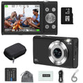 Black 48MP digital camera with 16x zoom, 2.7K video, 32GB microSD card, battery, carry case, manual, and cables.