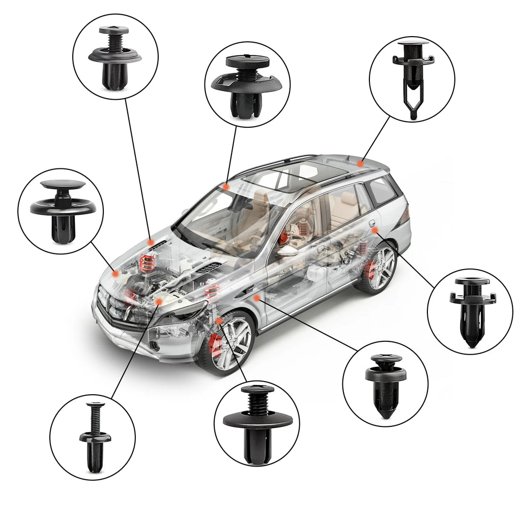 Assorted black plastic car fastener clips and push rivets pointing to locations on a translucent car diagram.
