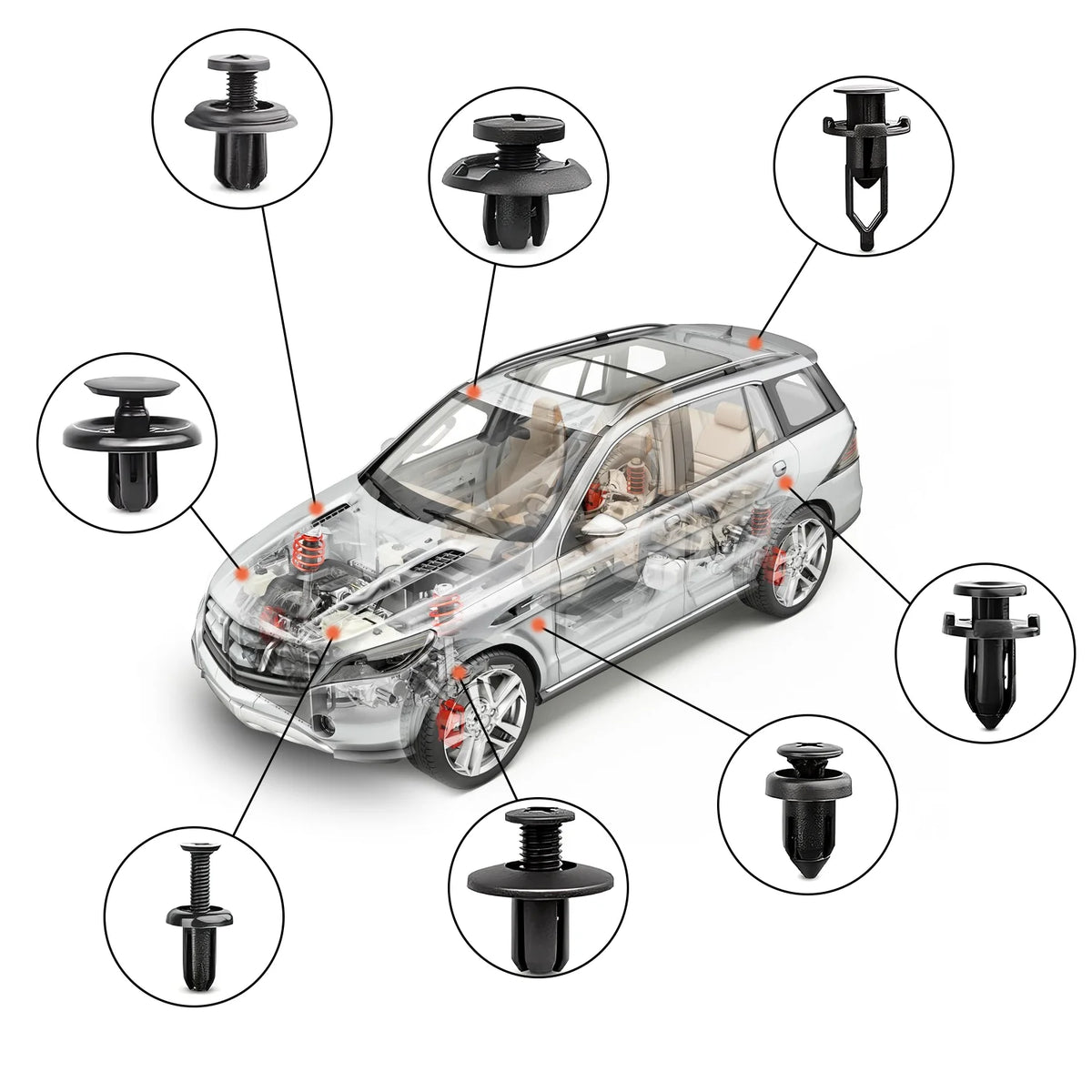 Assorted black plastic car fastener clips and push rivets pointing to locations on a translucent car diagram.