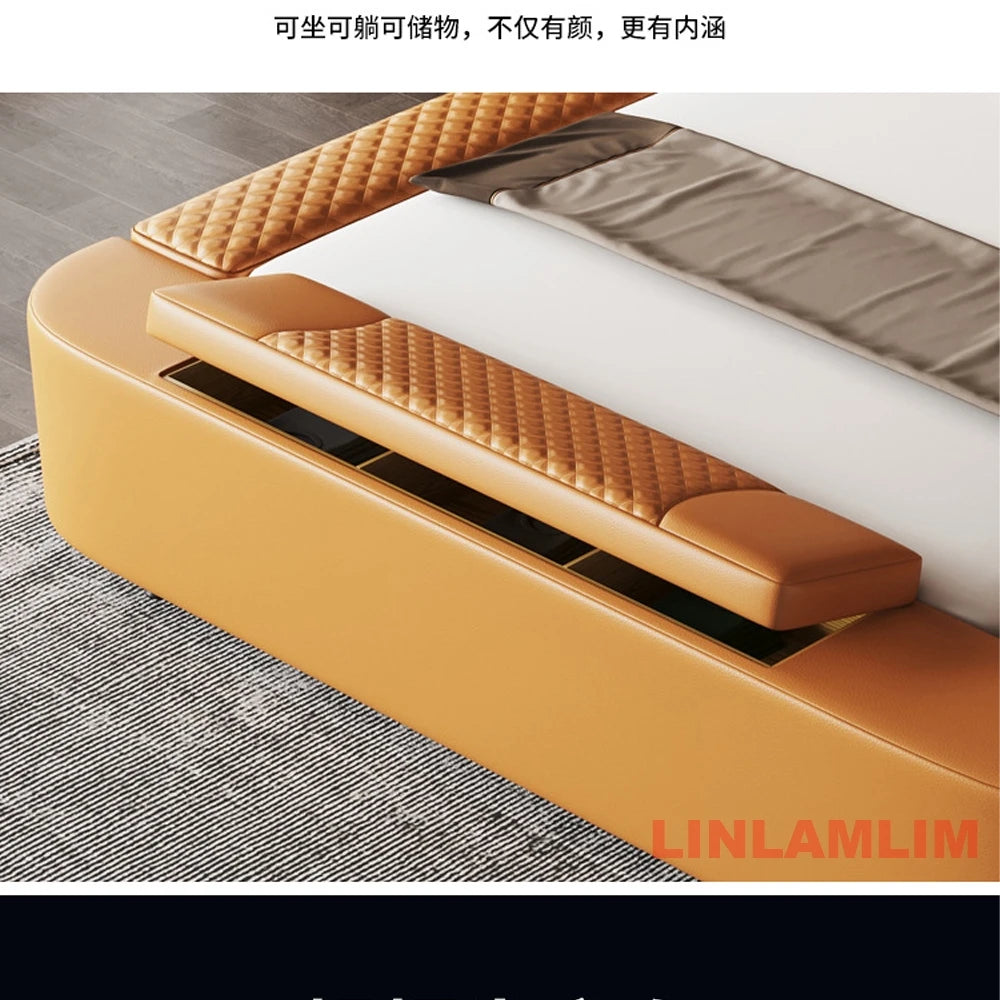 Luxury tan leather bed frame featuring a quilted side bench with integrated storage and subtle LED lighting.
