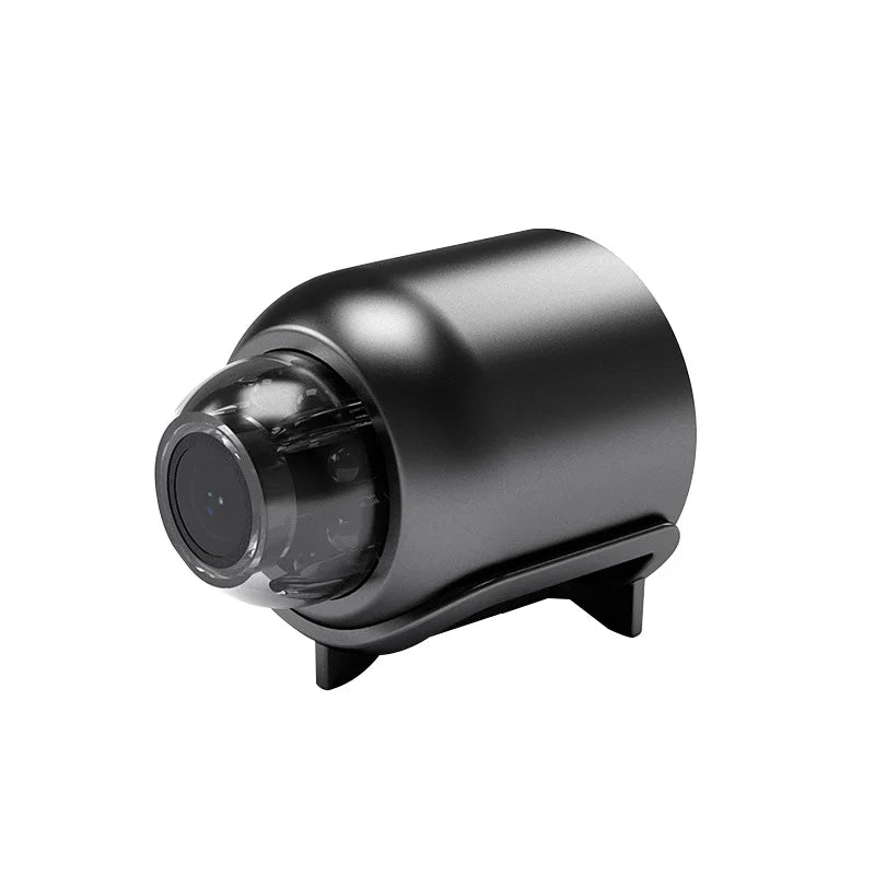 Black, cylindrical plastic security camera with a transparent front lens cover and a mounted base.