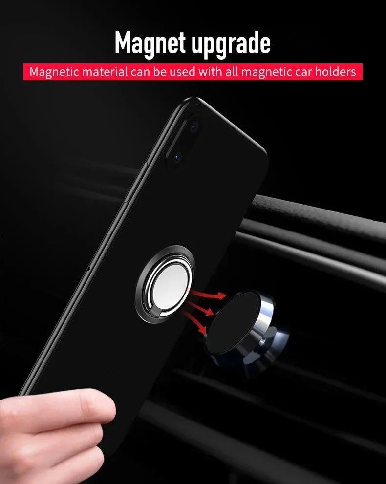 A sleek black phone case with a silver ring holder, attaching magnetically to a car mount.