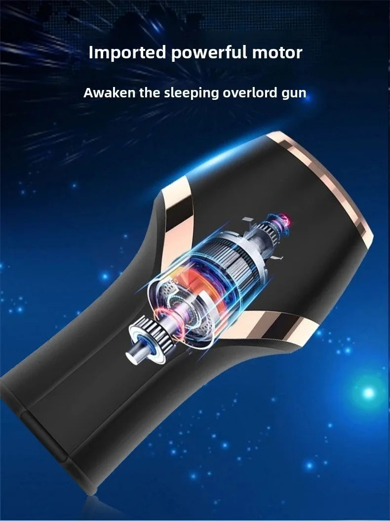 Sleek black automatic masturbation cup with rose-gold trim and a visible internal motor display.