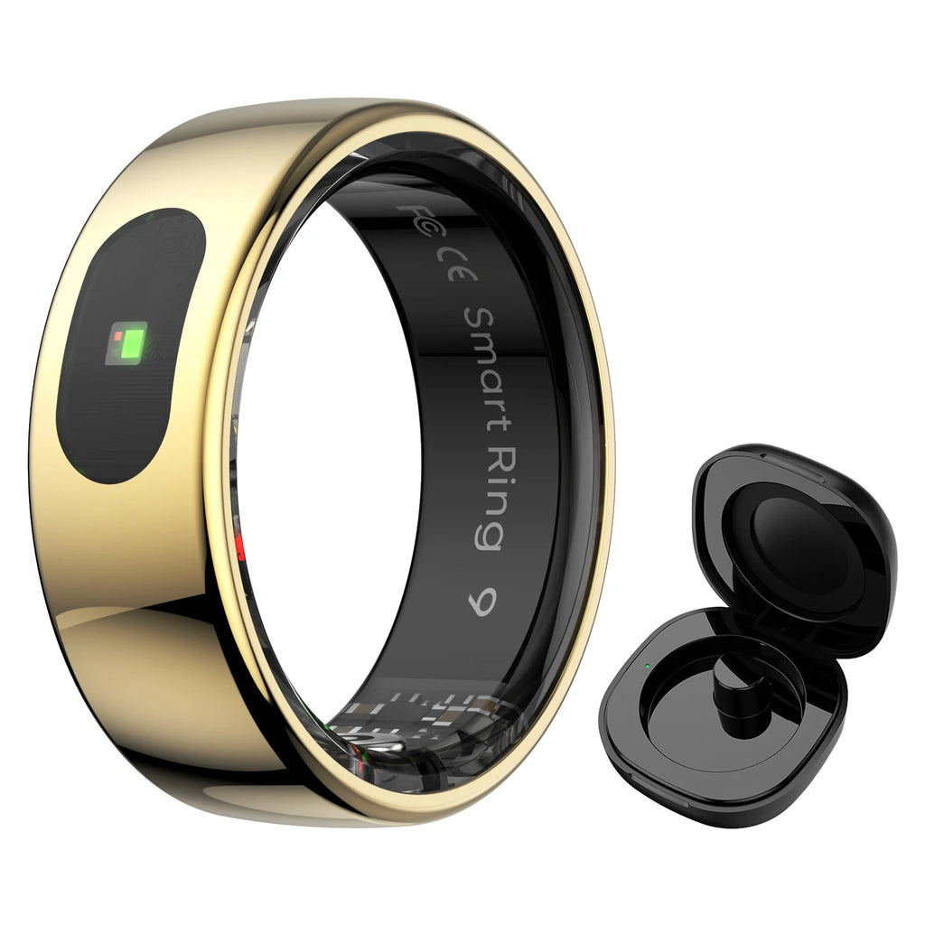 Glossy gold smart health tracker ring with internal sensors and its matching black charging case.