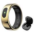 Glossy gold smart health tracker ring with internal sensors and its matching black charging case.