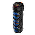 Portable black wireless party speaker with blue LED-lit speakers, top control panel, and integrated carry handle.
