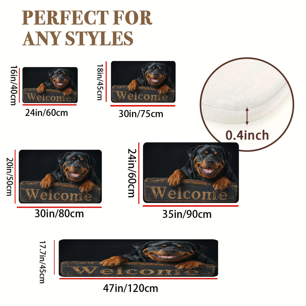 Soft fleece doormat featuring a happy Rottweiler leaning on a 'Welcome' sign, shown in various sizes with a 0.4-inch depth.