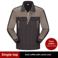 Dark coffee and camel colour pure cotton work jacket with a collar, zip front, and two buttoned chest pockets.