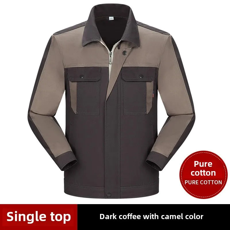 Dark coffee and camel colour pure cotton work jacket with a collar, zip front, and two buttoned chest pockets.