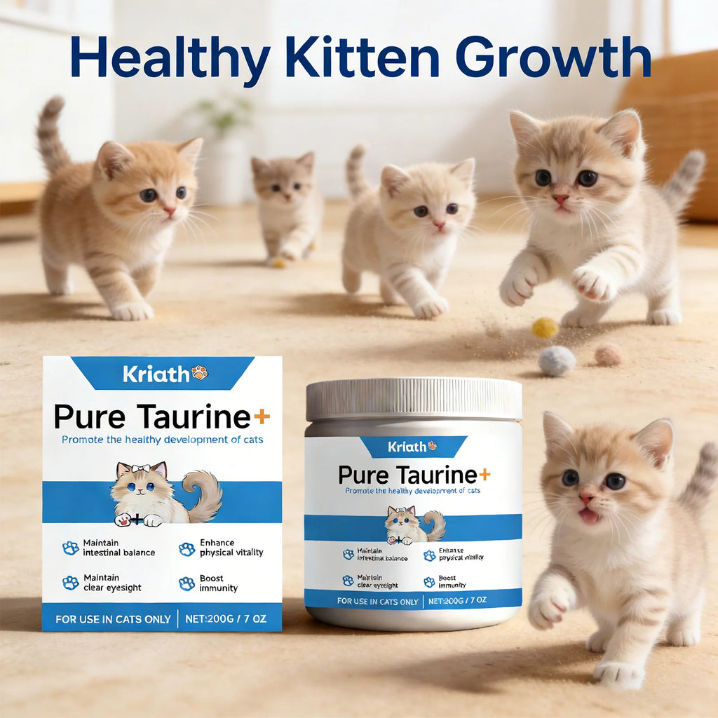 Pure Taurine supplement for kittens in a white 200g jar and box, designed to support growth, immunity, and eyesight.