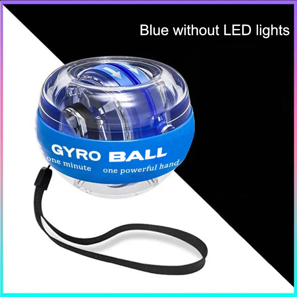 Blue non-LED gyro ball wrist exerciser with a clear casing, blue internal rotor, and black wrist strap.