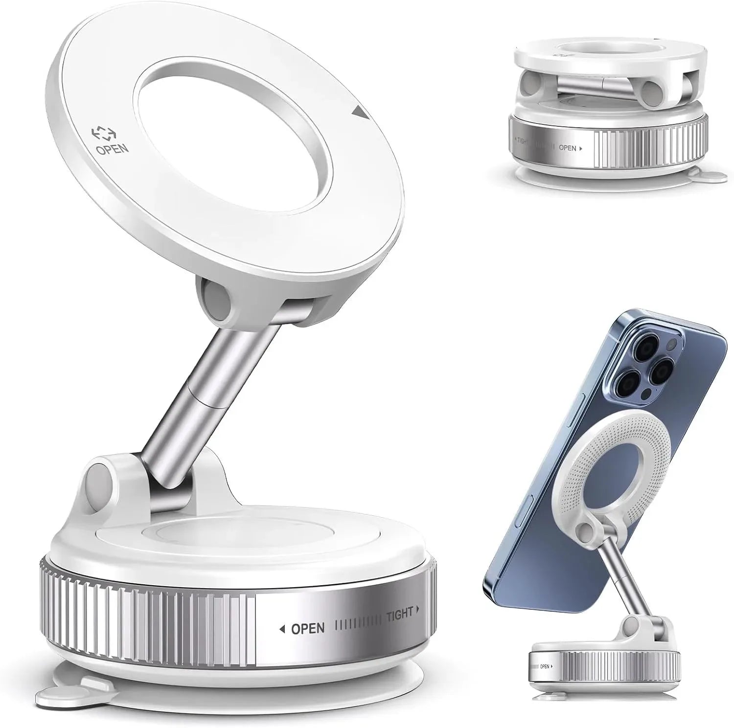 Collapsible white magnetic phone stand with an adjustable arm and silver base, shown in folded and active positions.